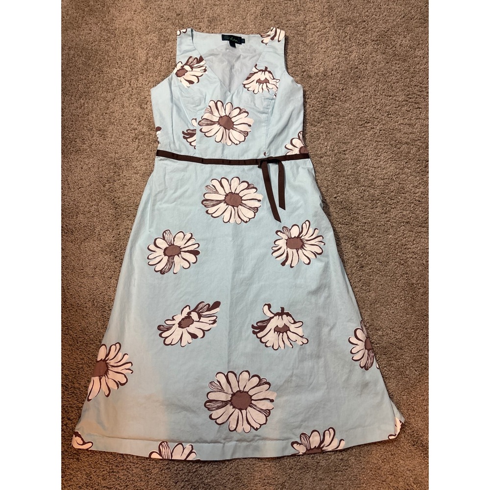 Vintage Boden Blue Daisy Floral V-Neck Sleeveless Dress with Ribbon, Size 10R